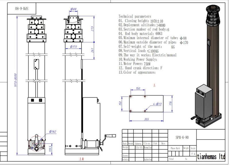 6m electric lockable spindle telescopic mast