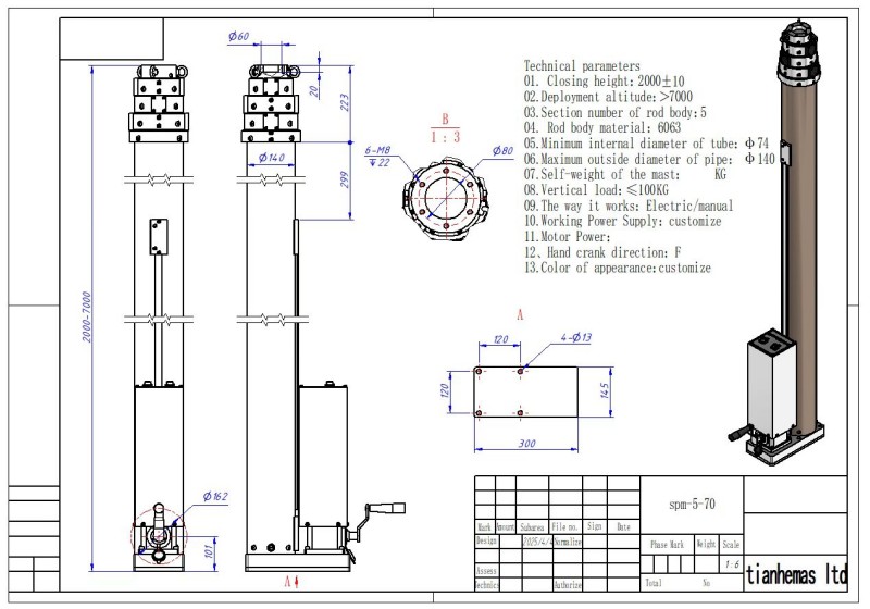 6m electric lockable spindle telescopic mast