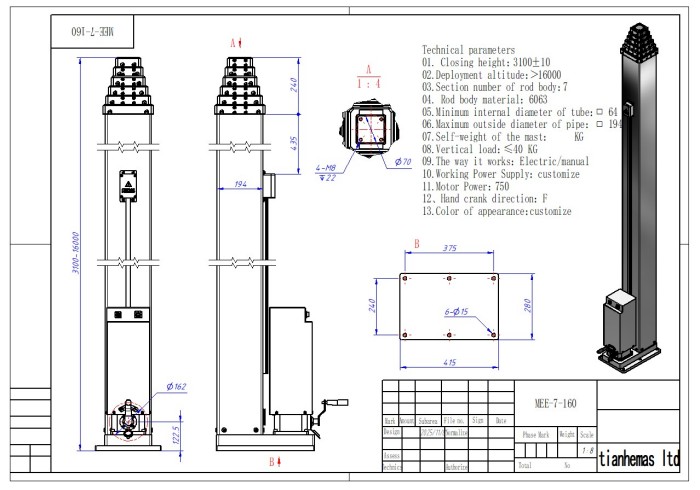 Spindle rope driven telescopic mast